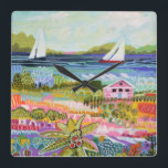Twee zeilboten en Cottage Vierkante Klok<br><div class="desc">Twee zeilboten en Cottage I van Karen Fields. Een leuke scène met bloemen,  bomen,  een huisje en zeilboten op het water.</div>