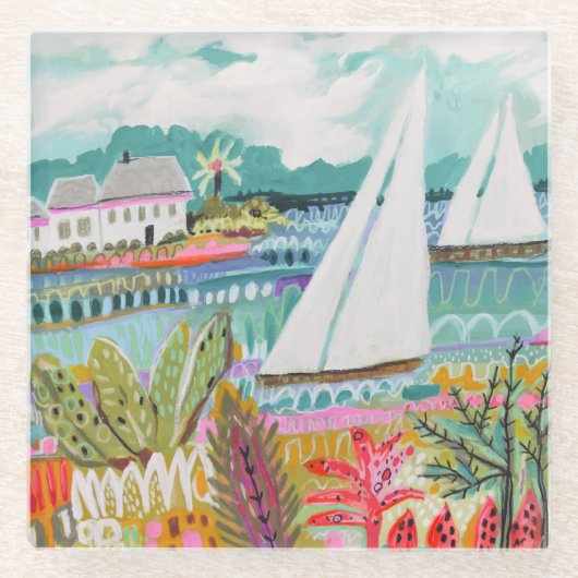 Twee zeilboten glazen onderzetter (Voorkant)