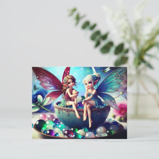 Twee zittende elfjes briefkaart (Staand voorkant)