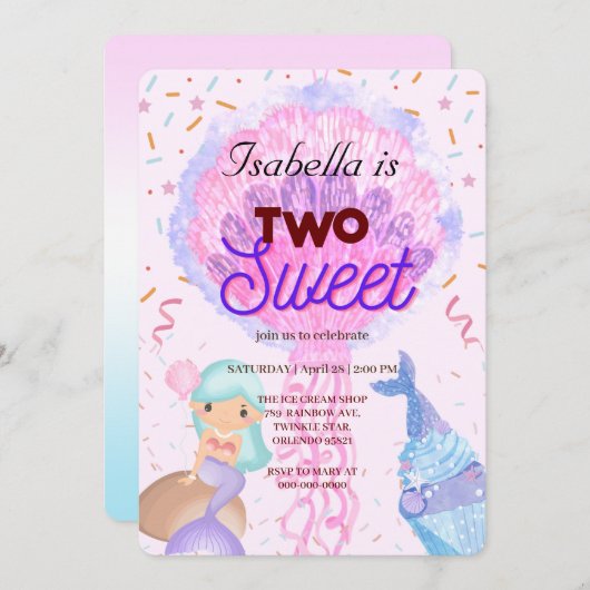 Twee zoete beker taart en zeemeermin 2e verjaardag kaart (Voorkant / Achterkant)