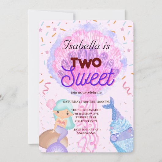 Twee zoete beker taart en zeemeermin 2e verjaardag kaart (Voorkant)