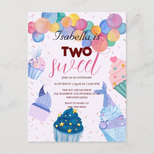 Twee zoete cupcake ballon zeemeermin 2de verjaarda briefkaart (Voorkant)