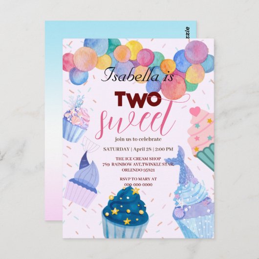 Twee zoete cupcake ballon zeemeermin 2e verjaardag briefkaart (Voorkant / Achterkant)