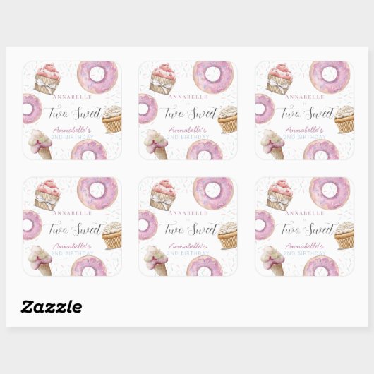 Twee zoete cupcake en donuts meisje 2e verjaardag vierkante sticker (Vel)