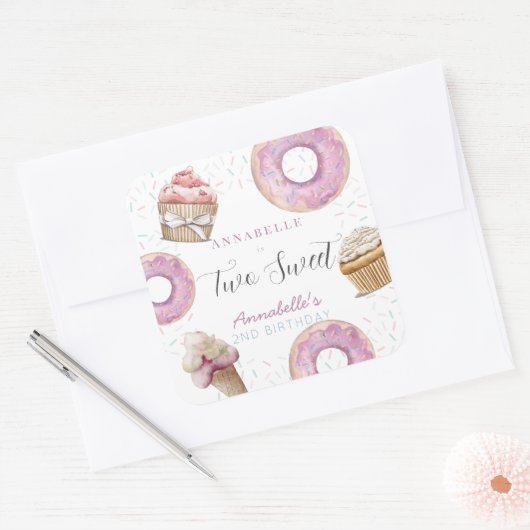 Twee zoete cupcake en donuts meisje 2e verjaardag vierkante sticker (Envelop)
