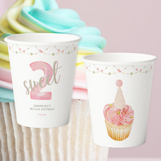 Twee Zoete Cute Cupcake 2de Verjaardag Papieren Bekers