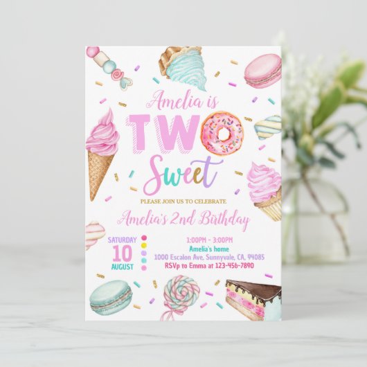 Twee zoete dessert donut verjaardag uitnodiging (Staand voorkant)