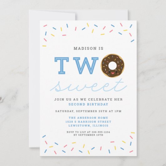 Twee zoete donut en prinkles (blauw) tweede verjaa kaart (Voorkant)
