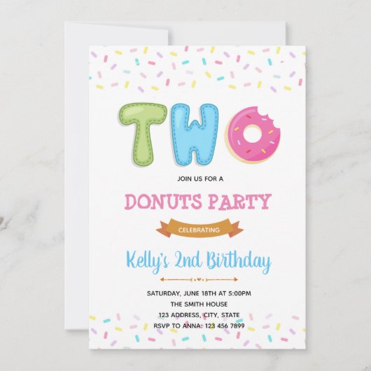 Twee zoete donut feestelijke uitnodiging met stroo (Voorkant)
