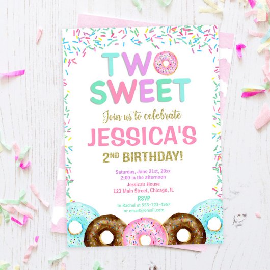 Twee zoete donut sprinkles 2e verjaardag party gir kaart
