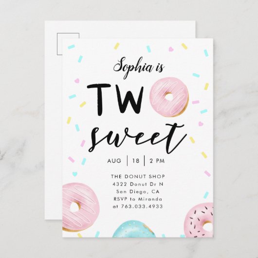 Twee zoete Donut Sprinkles 2e verjaardag Uitnodiging Briefkaart (Voorkant / Achterkant)