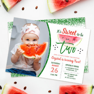 Twee zoete Glitter Watermelon Tweede verjaardag Fo Kaart