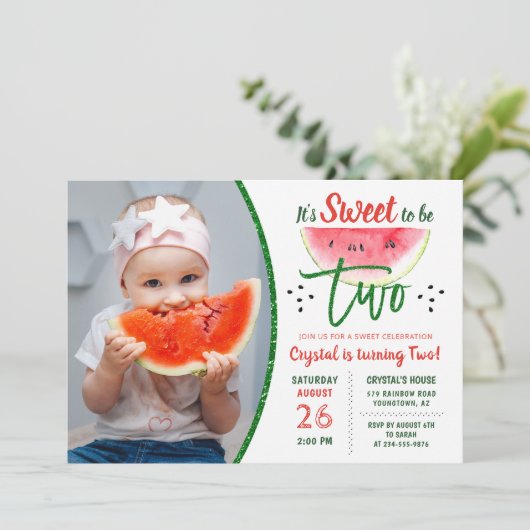 Twee zoete Glitter Watermelon Tweede verjaardag Fo Kaart (Staand voorkant)