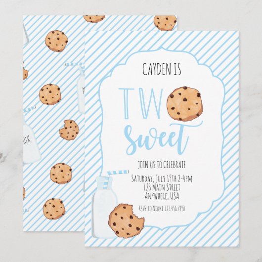 Twee zoete melk en koekjes blauwe jongen 2e verjaa kaart (Voorkant / Achterkant)