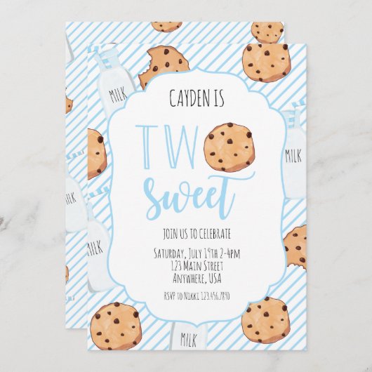 Twee zoete melk en koekjes blauwe jongen 2e verjaa kaart (Voorkant / Achterkant)