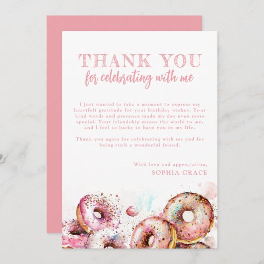 Twee zoete roze Donut Girl 2e verjaardag Bedankkaart (Voorkant / Achterkant)