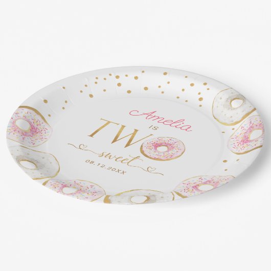 Twee zoete roze gouden donuts verjaardag papieren bordje (Gekanteld)