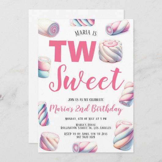 Twee zoete roze marshmallow 2e verjaardag uitnodig kaart (Voorkant / Achterkant)