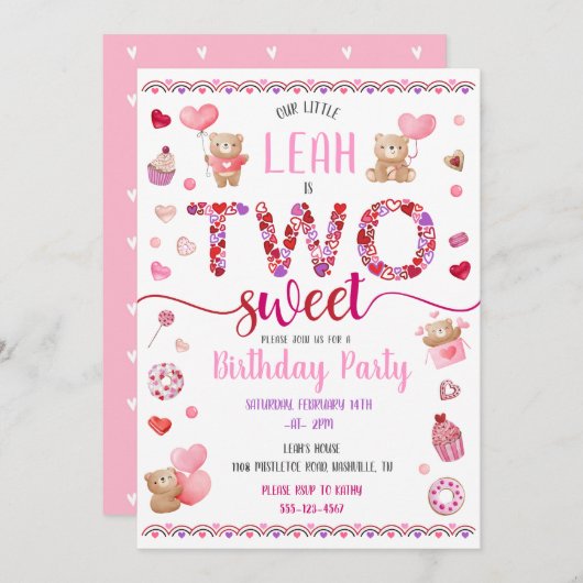 Twee zoete roze tweede verjaardag Valentijnse vers Kaart (Voorkant / Achterkant)