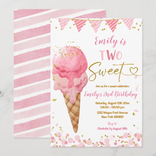 Twee zoete roze zomer ijs tweede verjaardag kaart (Voorkant / Achterkant)