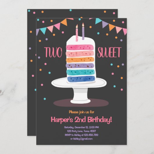 Twee zoete Tweede Birthday Cake Rainbow Uitnodigin Kaart (Voorkant / Achterkant)