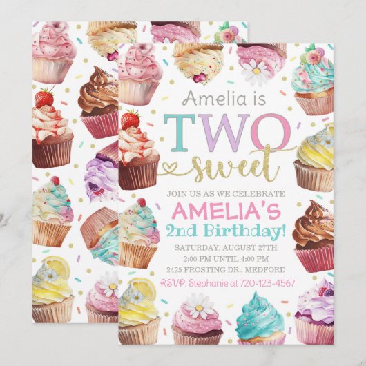 Twee Zoete Uitnodiging, Cupcake Uitnodiging (Voorkant / Achterkant)
