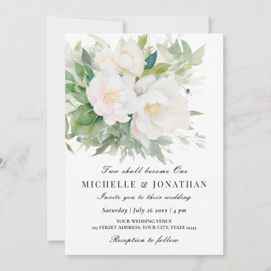 Twee zullen één elegante witte bloemenbruiloft wor kaart (Voorkant)