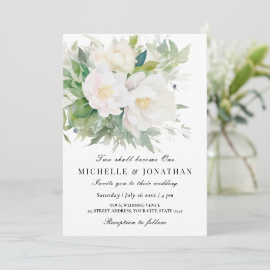 Twee zullen één elegante witte bloemenbruiloft wor kaart (Staand voorkant)