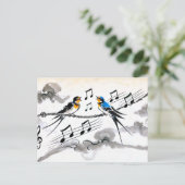 Twee zwaluwen zingen op een elektriciteitslijn in  briefkaart (Staand voorkant)