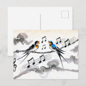 Twee zwaluwen zingen op een elektriciteitslijn in  briefkaart (Voorkant / Achterkant)