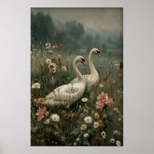 Twee zwanen antieke afdrukbare kunst, Zwaan Bloem Poster