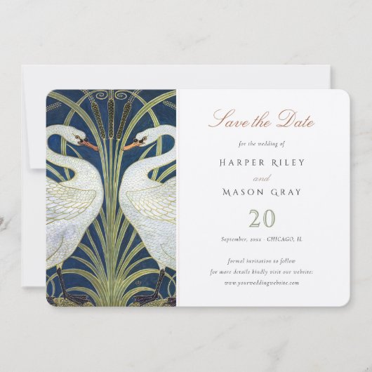 Twee zwanen bewaren de datum bruiloft uitnodiging (Voorkant)