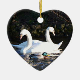 Twee zwanen en een eend keramisch ornament