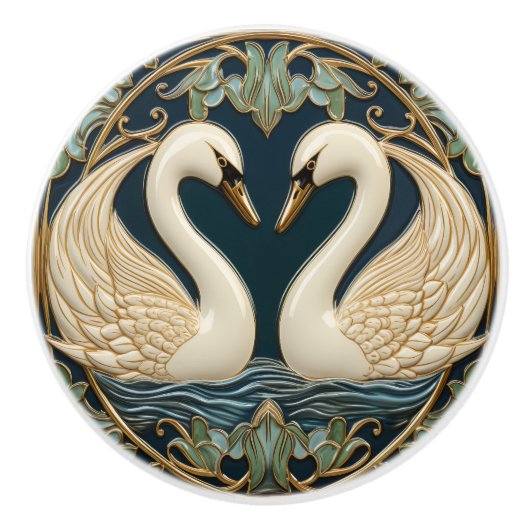 Twee zwanen op Lake Art Nouveau geïnspireerd inter Keramische Knop (Voorkant)