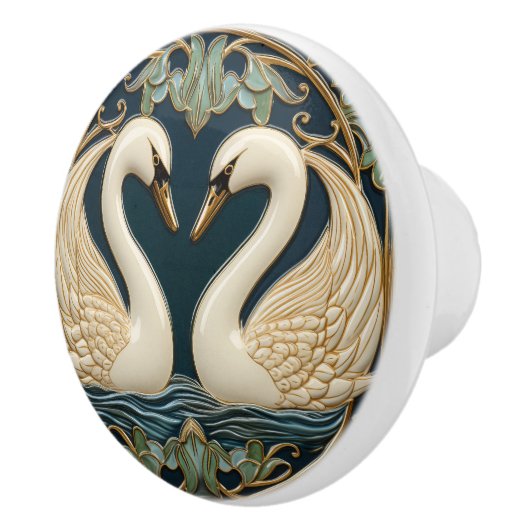 Twee zwanen op Lake Art Nouveau geïnspireerd inter Keramische Knop (Rechts)