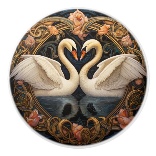 Twee zwanen op Lake Art Nouveau geïnspireerd inter Keramische Knop (Voorkant)