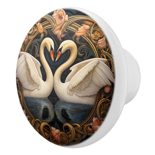 Twee zwanen op Lake Art Nouveau geïnspireerd inter Keramische Knop (Rechts)