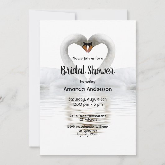 Twee zwanen verliefd witte bruidsbad uitnodiging (Voorkant)