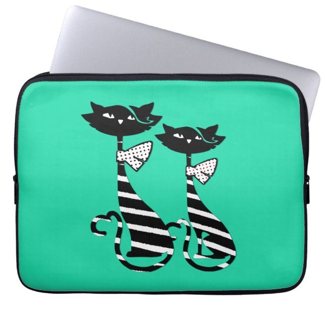 Twee zwarte en witte Silhouette katten Groen Laptop Sleeve (Voorkant)