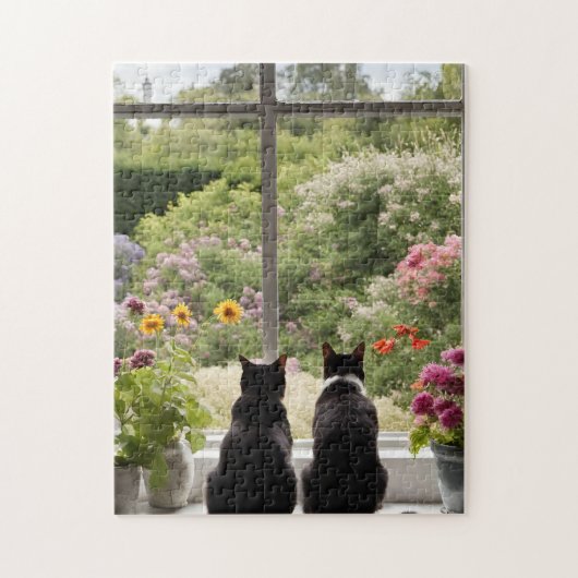 Twee zwarte katten bloemen tuin puzzel (Verticaal)
