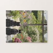 Twee zwarte katten bloemen tuin puzzel legpuzzel (Horizontaal)