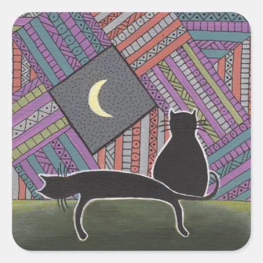 Twee zwarte katten en maan vierkante sticker (Voorkant)
