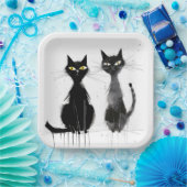 Twee zwarte katten papieren bordje (Feest)