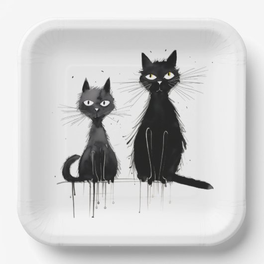 Twee zwarte katten papieren bordje (Voorkant)