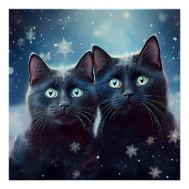 Twee zwarte katten worden besneeuwd perfect poster