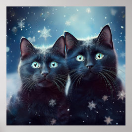 Twee zwarte katten worden besneeuwd poster