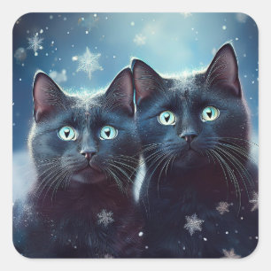 Twee zwarte katten worden besneeuwd vierkante sticker