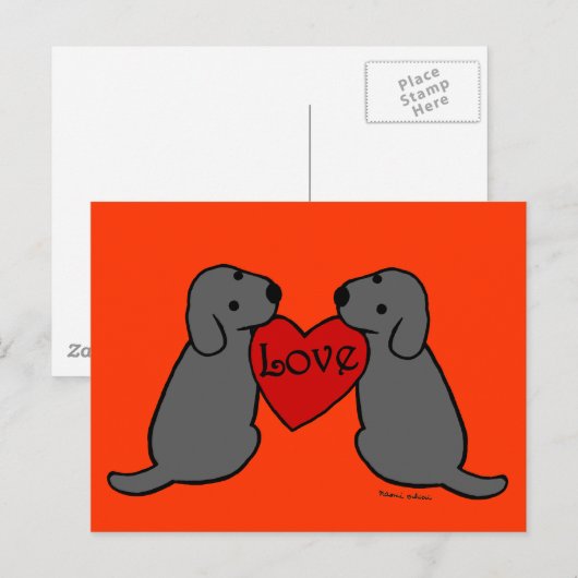Twee zwarte labradors met Love Cartoon Briefkaart (Voorkant / Achterkant)