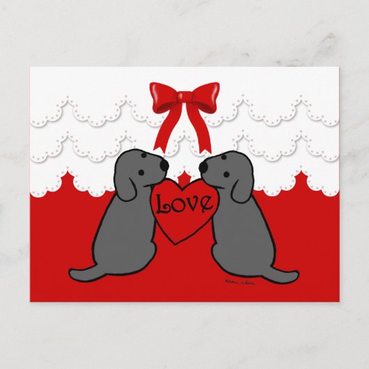 Twee zwarte labradors met Love Cartoon Lace Briefkaart (Voorkant)