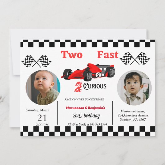 Tweedaagse raceauto's met twee kinderen die snel o kaart (Voorkant)